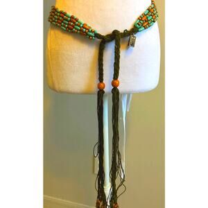 VTG Wood Beaded Boho Belt Fringe Hippie Chic Gypsy Blue Brown Long MUDD 90s